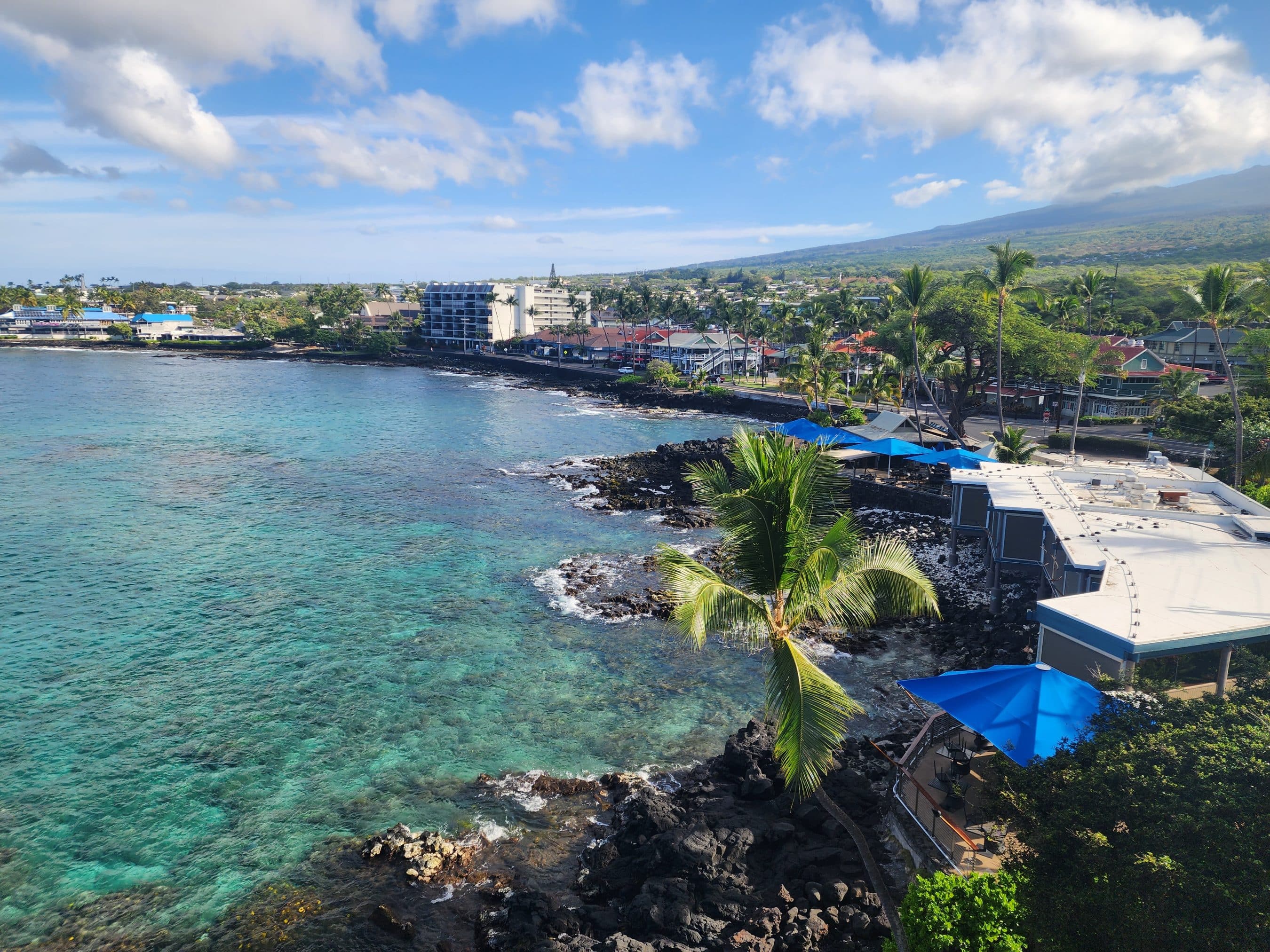 Coastal town along a rocky shoreline with turquoise water, palm trees, and blue umbrellas over outdoor seating.