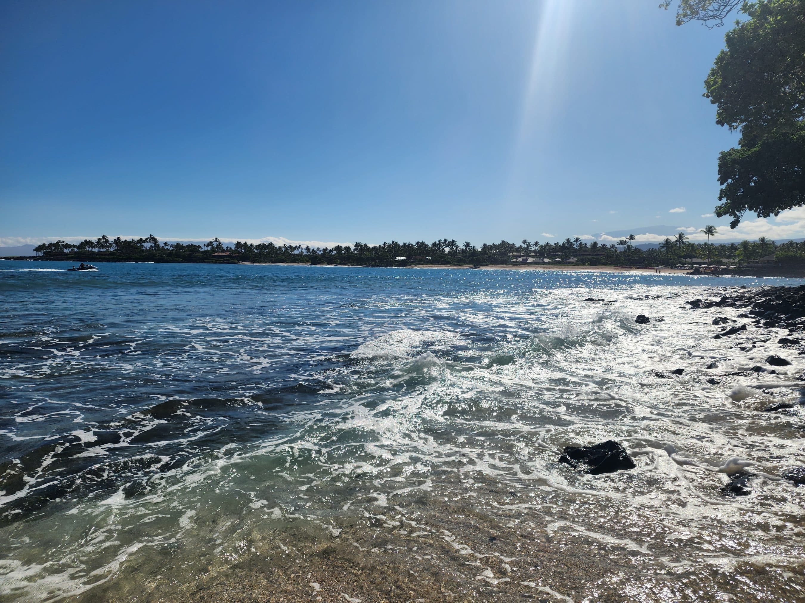 Sunlit tropical beach with clear blue water, a rocky shoreline, and a distant row of palm trees under a bright sky.