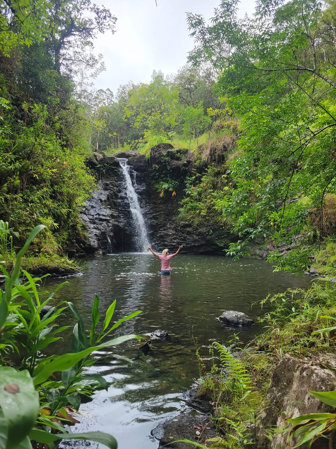 Person wading in a calm pool under a small waterfall surrounded by lush green foliage.