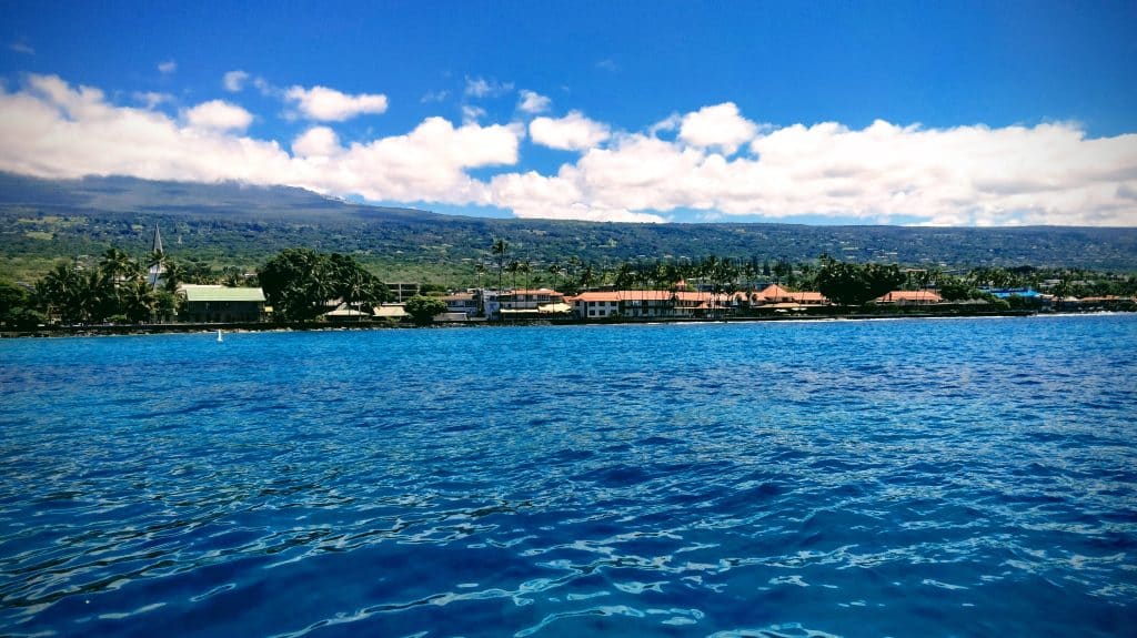 Coastal town along a blue ocean, palm-lined shore and red-roofed buildings with green hills in the background under a bright sky.