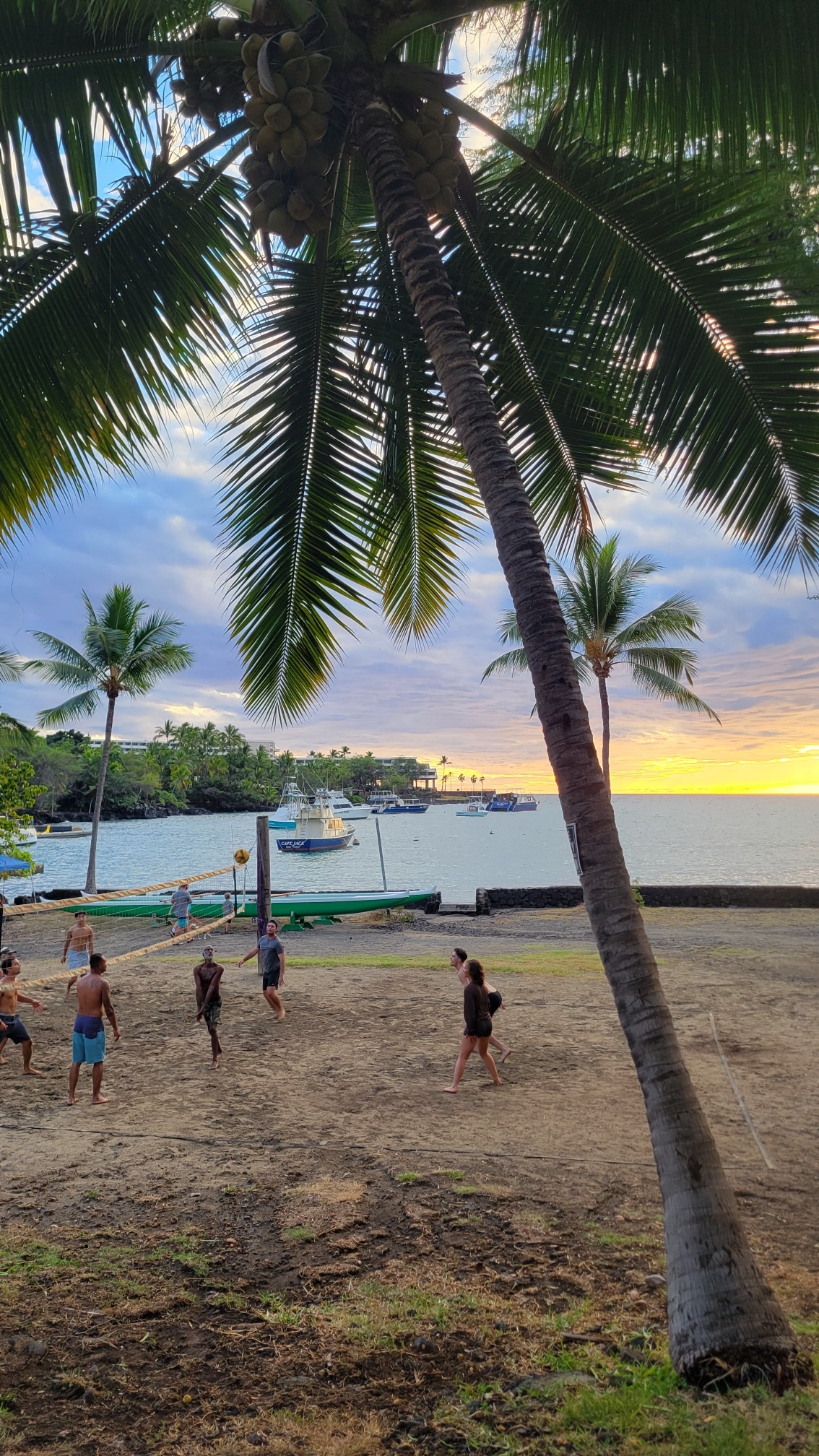 Sunset over a tropical beach with palm trees, boats on the water, and people playing volleyball on the sand.