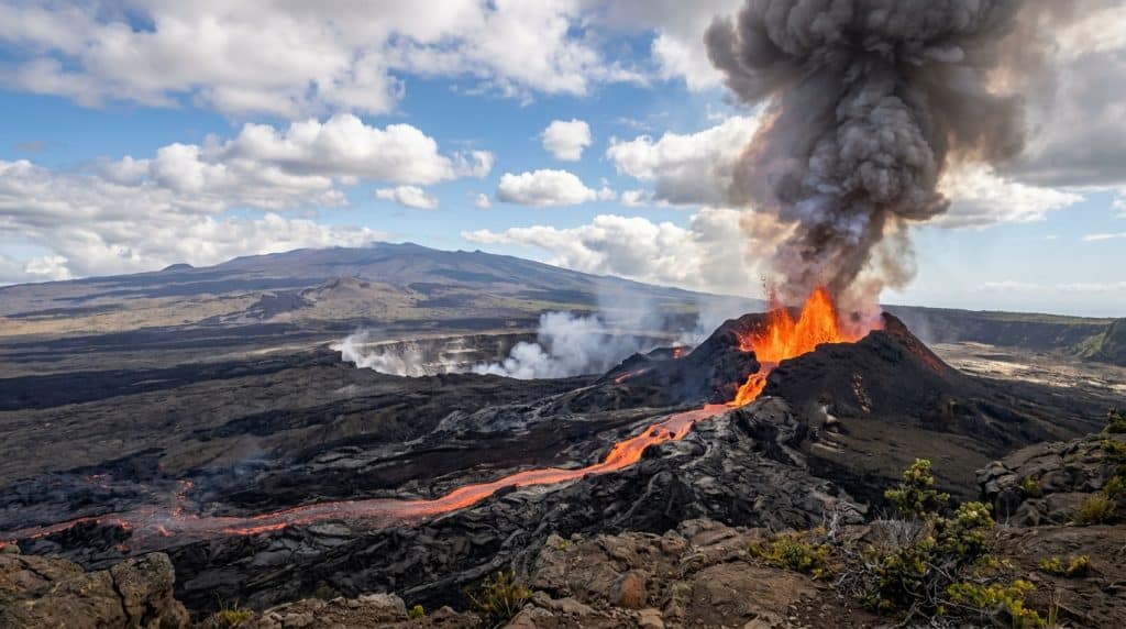 Active volcanic eruption with bright lava flowing down rocky slopes and a dark smoke plume rising from the crater.
