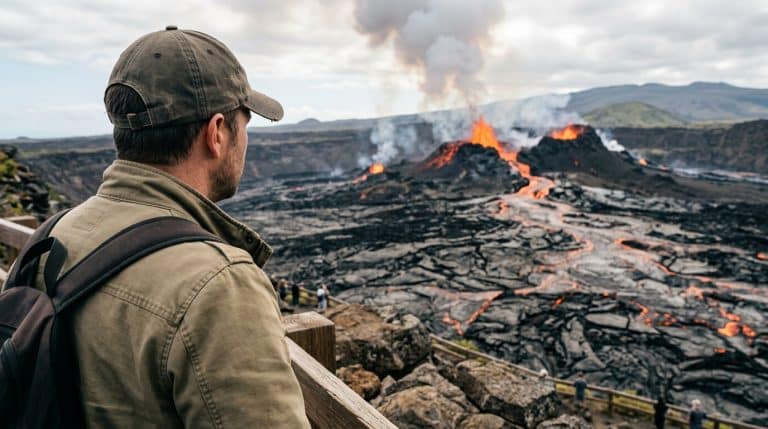 Man with backpack gazes over a wooden railing at an active lava field and crater scene.