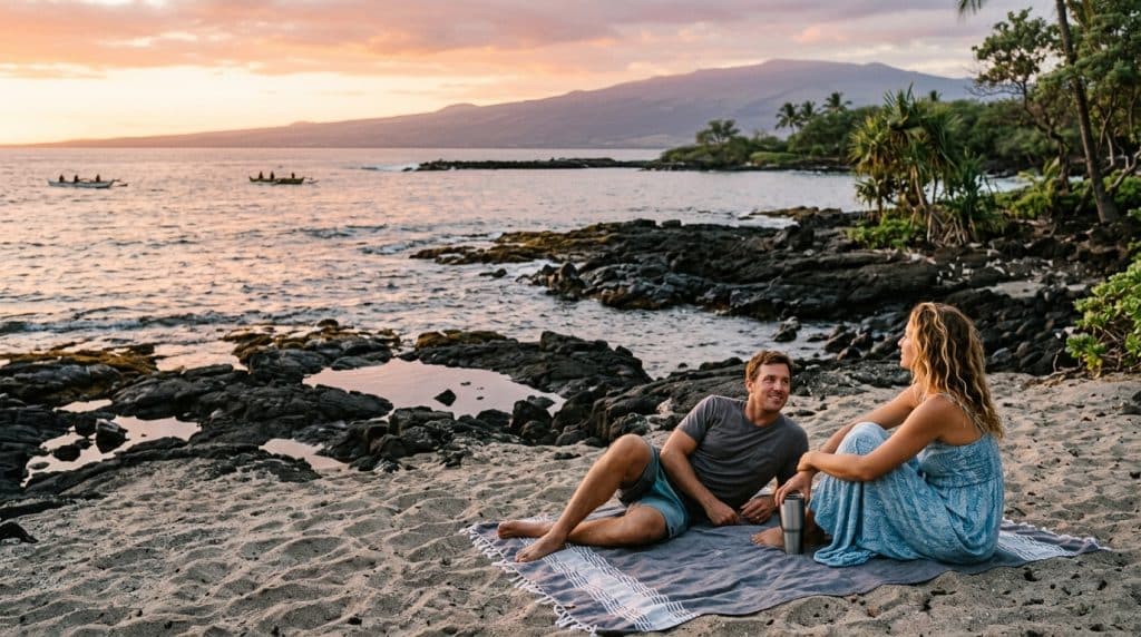 Couple sitting on a blanket at a rocky beach during sunset, chatting and sharing a metal tumbler by the water's edge.
