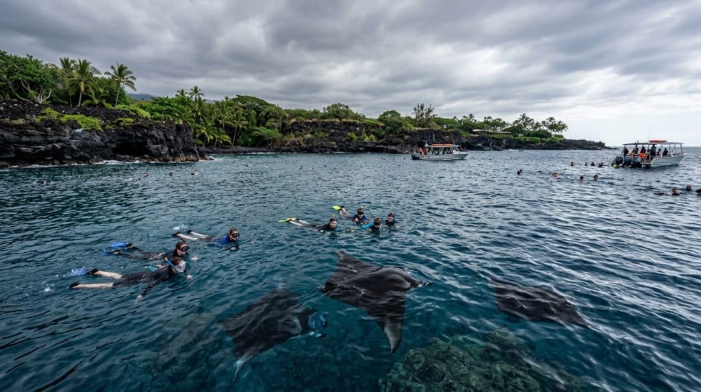 Snorkelers in blue water near a rocky coastline with dolphins swimming just below the surface.