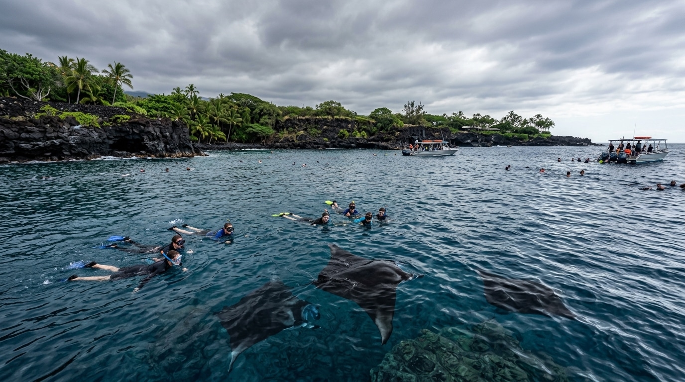 Snorkelers in blue water near a rocky coastline with dolphins swimming just below the surface.